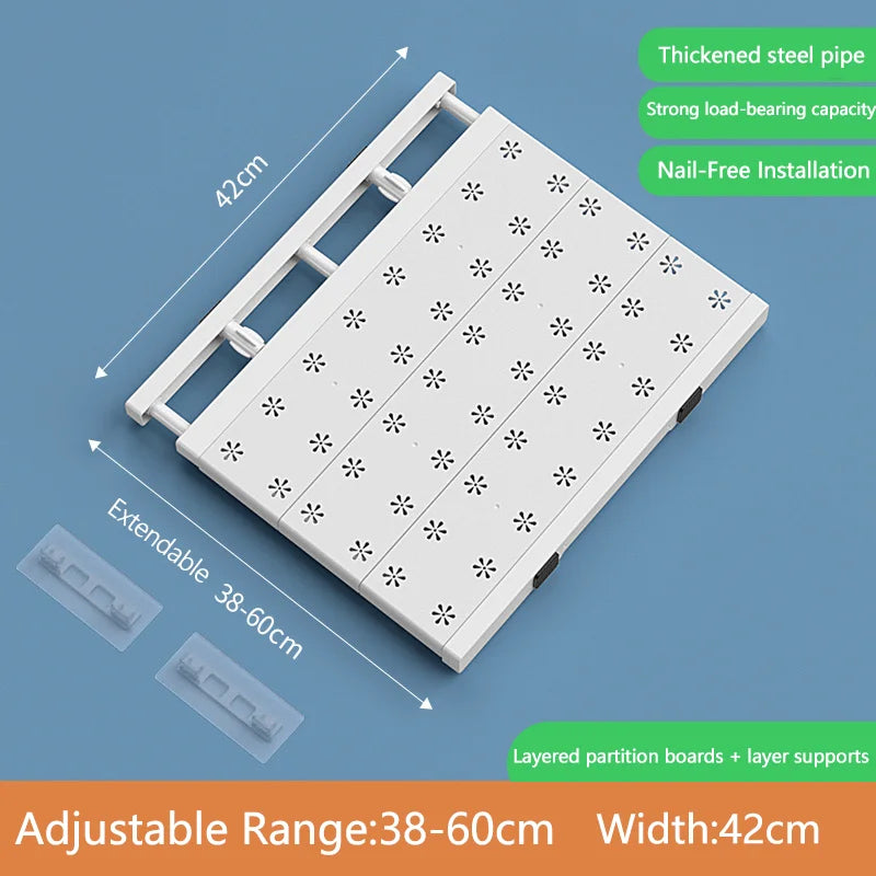No-Drill Expandable Shelf Dividers Adjustable Wardrobe Cabinet Organizers Kitchen/Bathroom Storage Rack Dorm Space-Saving Qme 38-60cm 42cm