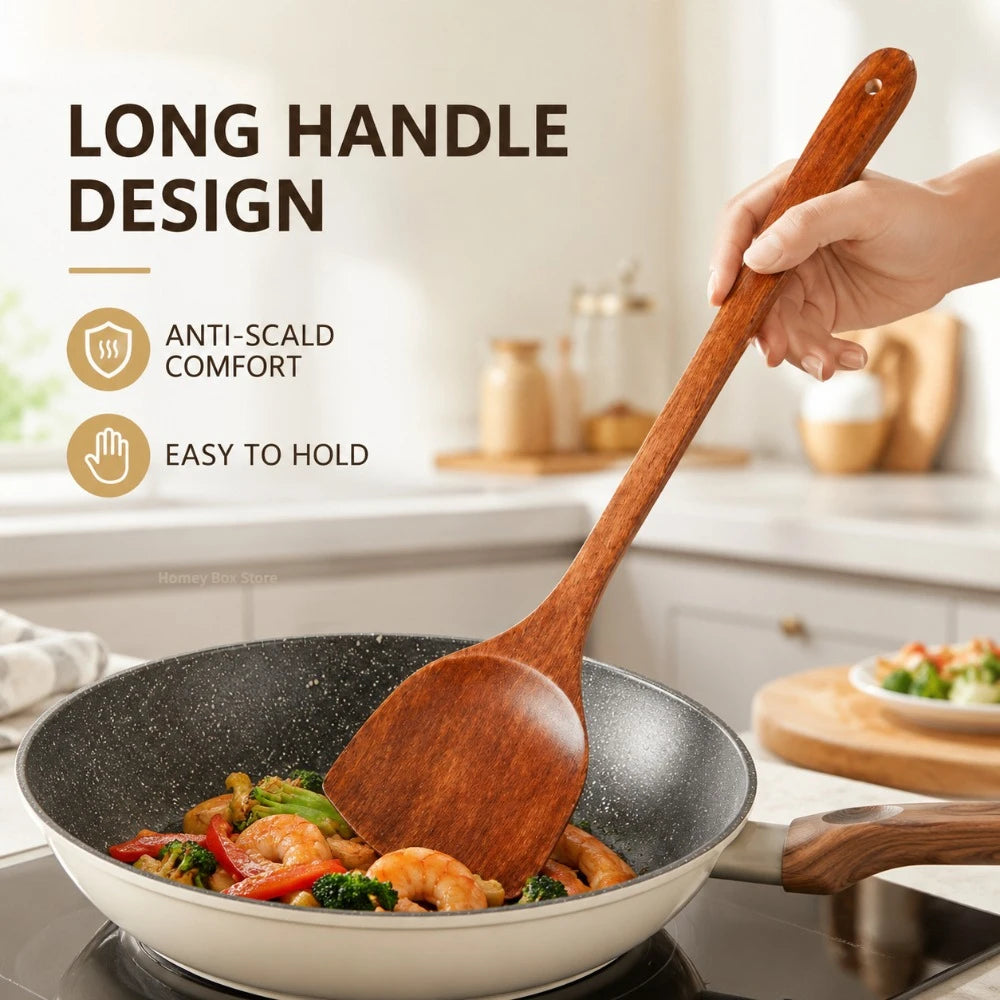 1/3/5 Pièces Wooden Spatula Spatule Cuisine Longue Poignée Bois Antiadhésive Accessoire Cuisine Pour Cuisson Ménage Qme