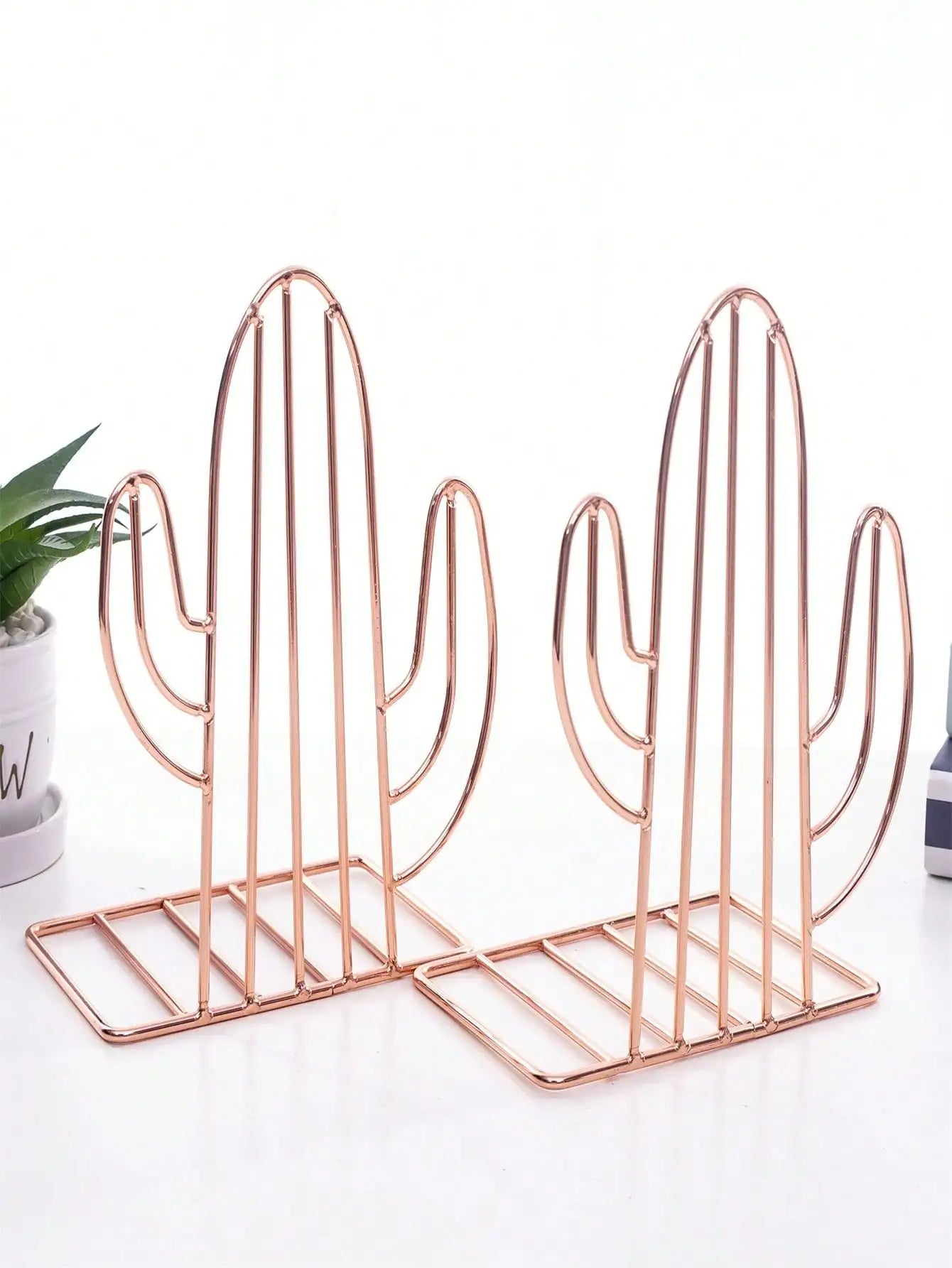 Nordic Iron Cactus Shaped Bookends Creative Cute Book Organizers Qme rose gold