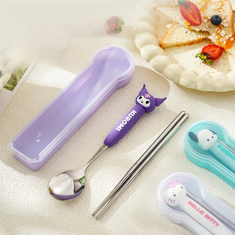 Hello Kitty Kuromi Spoon and Chopsticks Cute and Cartoon-Style Portable Cutlery Set Qme