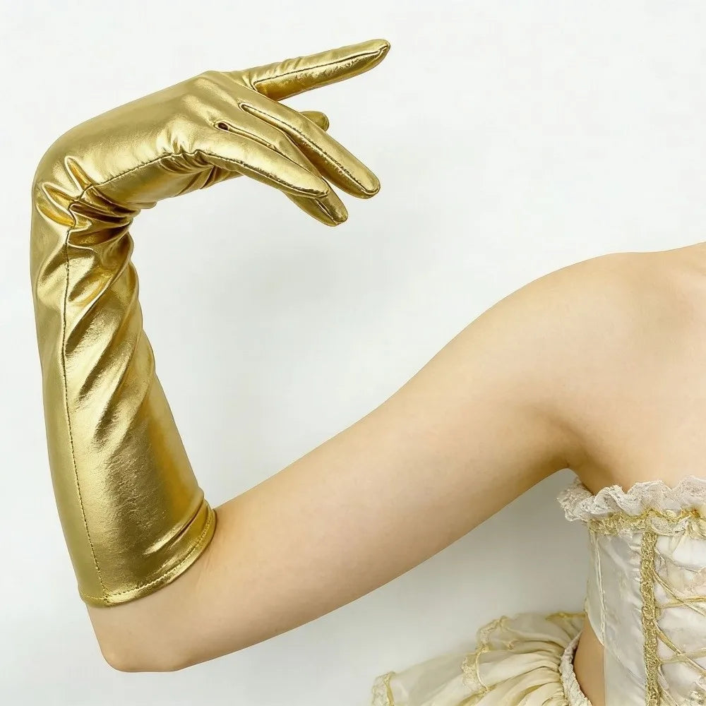 Simple Solid Color Patent Leather Gloves Elastic Shiny Long Gloves Sun Protection Lolita Women Mittens Halloween Cosplay Qme