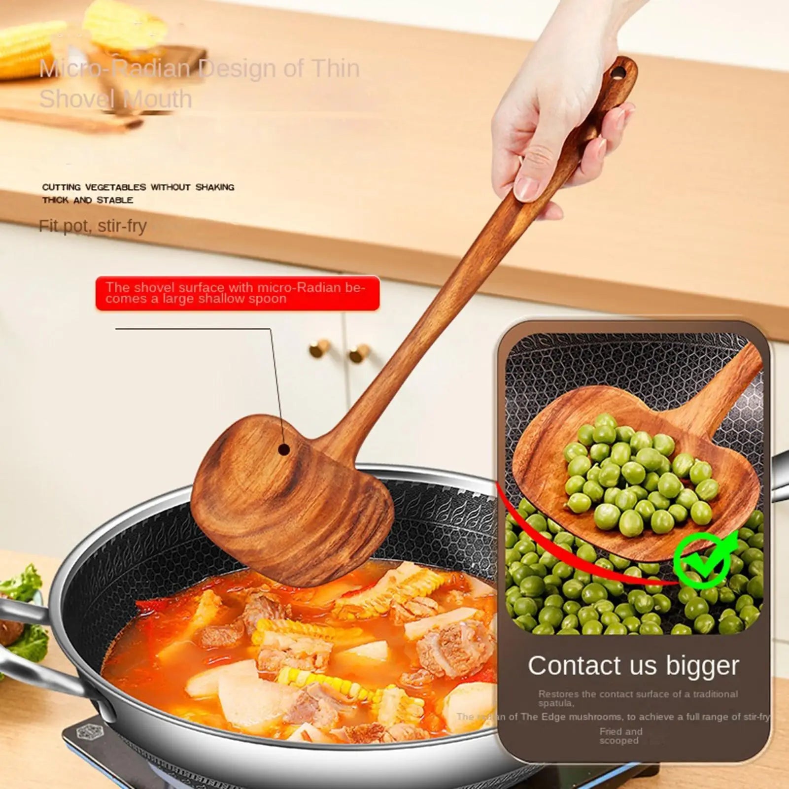 Wooden Ladle 2-in-1 Long Handle Ergonomic Non-Stick Kitchen Soup Spoon for Non-Stick Pan Cooking Pot Kitchen Restaurant Mixing Qme