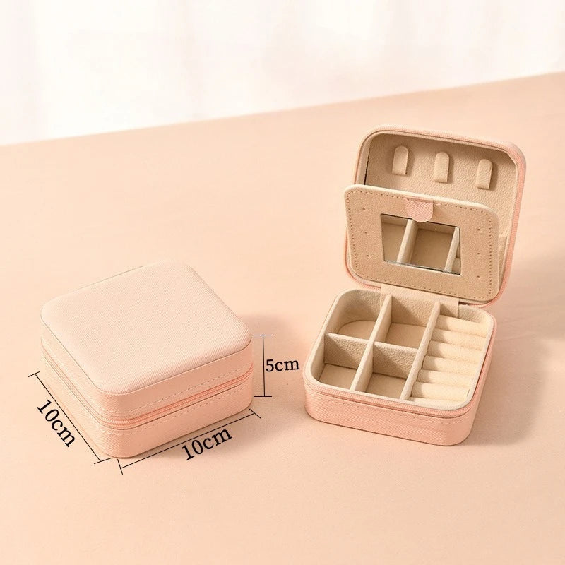 1pc Single Layer Square Storage Box Ladies Travel Leather Jewelry Box Classic Various Colors Storage Box with Mirror Qme Sakura Pink