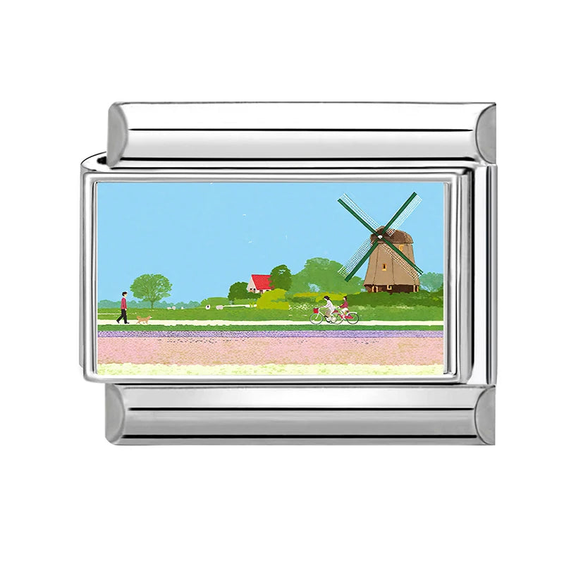 Fashion Colorful Scenery Boat Swan Lake Snow Mountain Charm Italian