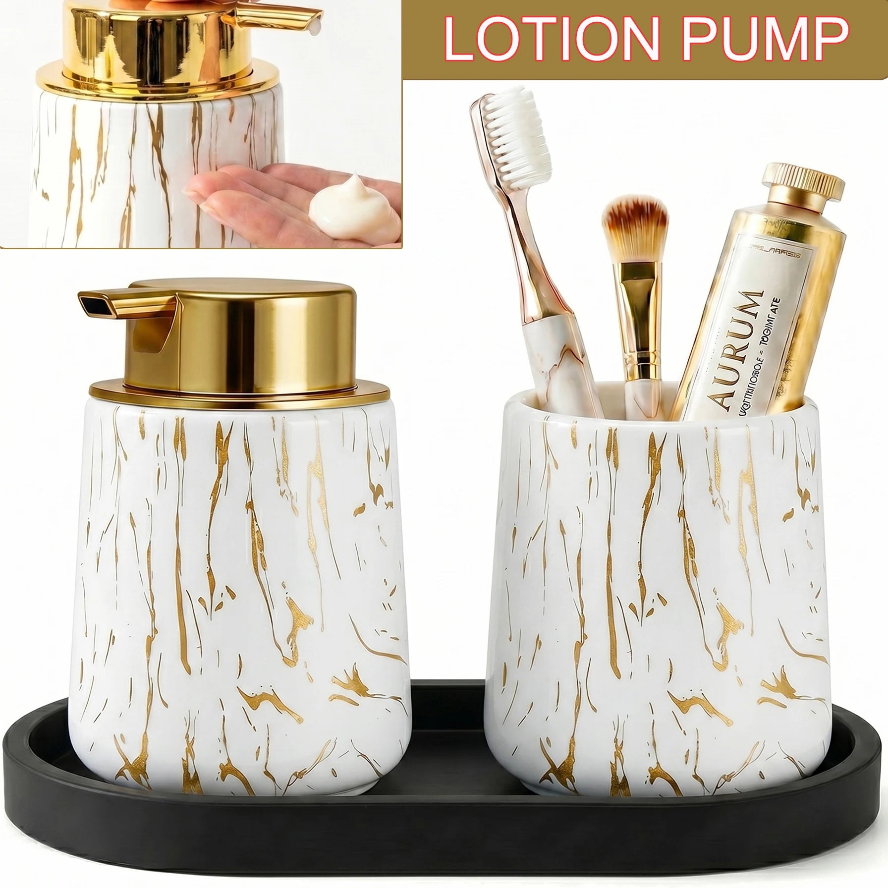 3pcs/set Marble Bathroom Set with Silicone Tray Foaming Hand Dispenser Toothbrush Holder Set Vanity Organizer for Bathroom Kitch Qme C-liquid set