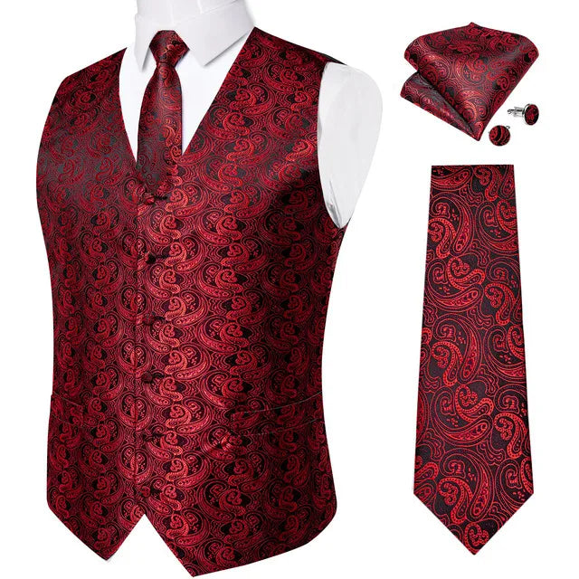Men's Luxury Paisley Suit Vest & Tie Set – Formal Waistcoat with Necktie Pocket Square, Perfect for Weddings and Business Events Qme MJ-0106 XXXL