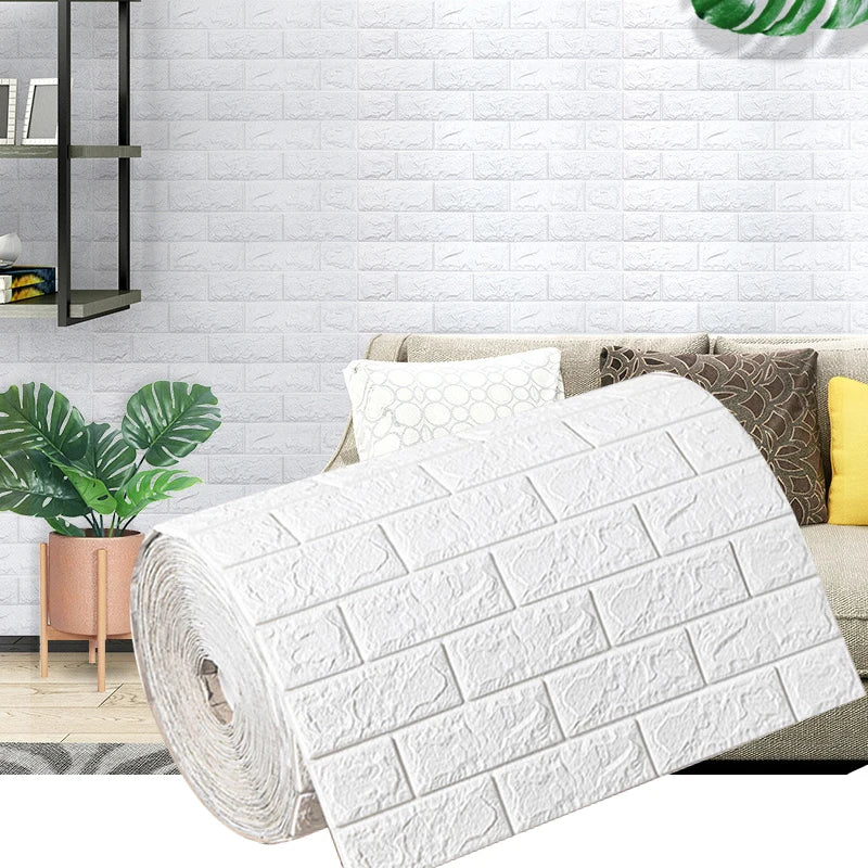 Retro 3D Wall Sticker 70cmx1m Brick Texture Self Adhesive Wallpaper Waterproof Anti-stain Living Room Indoor House Wall Decor Qme 70CMx1M white