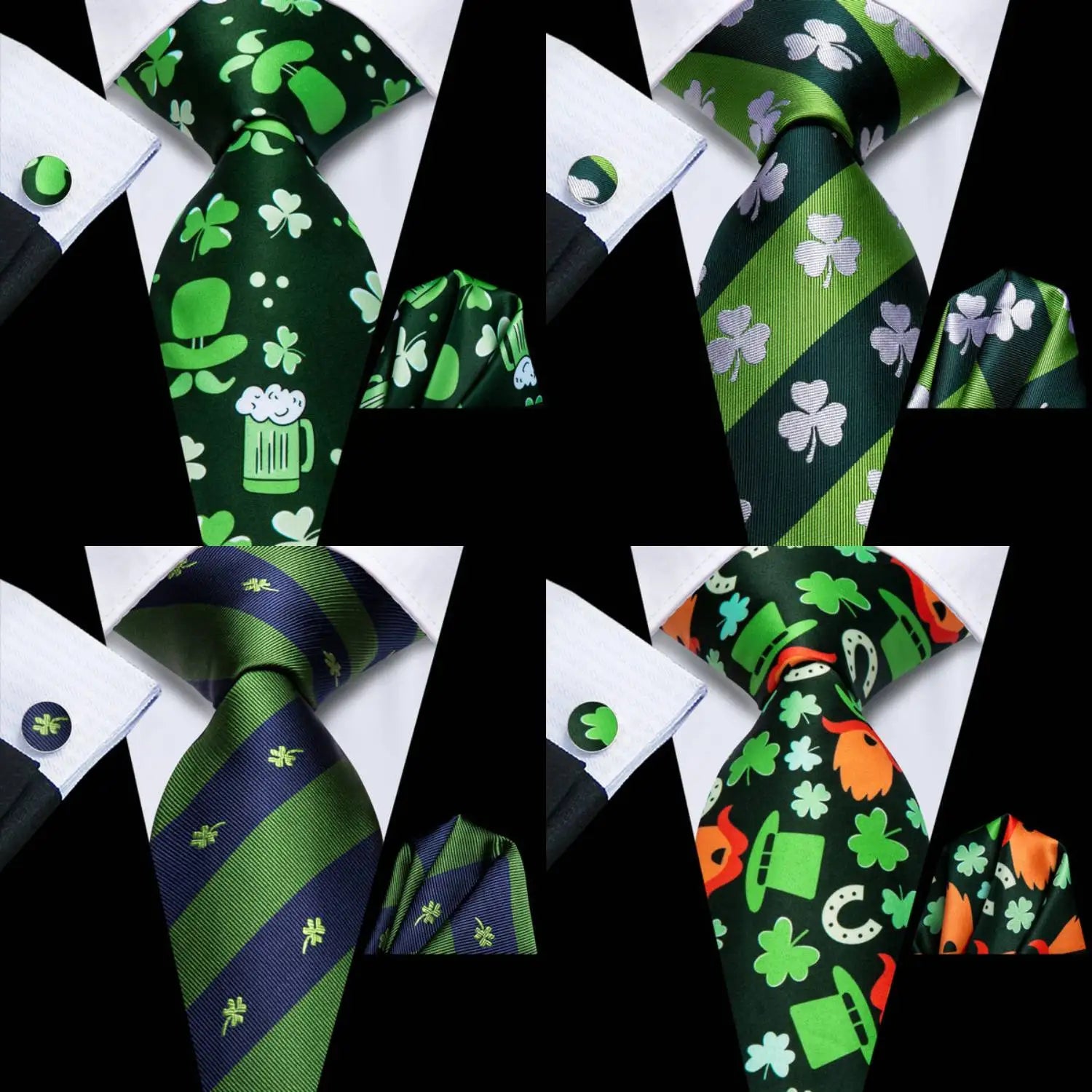 Hi-tie Four-leaf Clover Print Mens Necktie Green Wedding Tie Men Qme