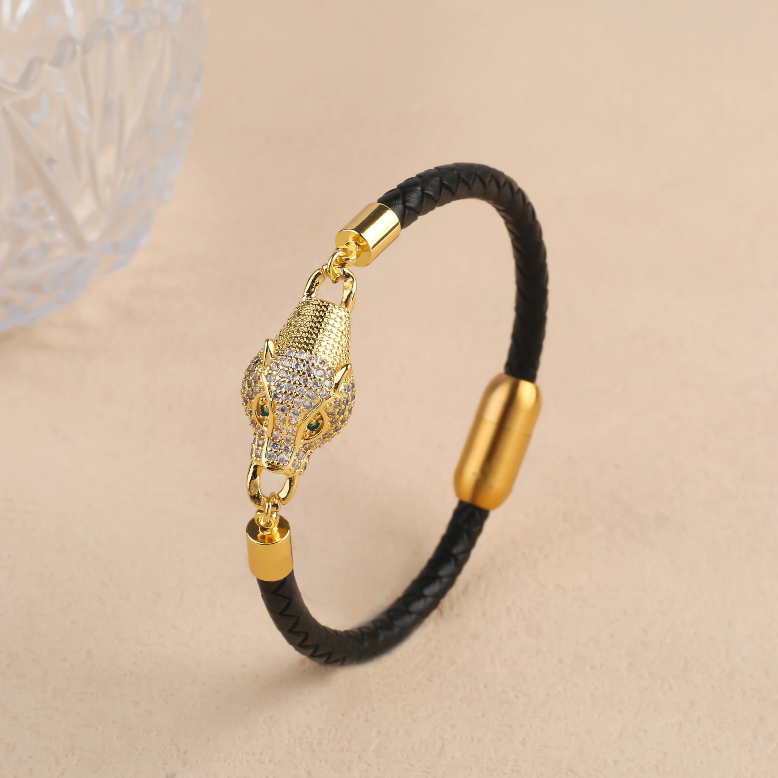 New Domineering Leopard Head Geometric Zircon Bracelet Stainless Steel Magnetic Clasp Bracelet Trendy For Men Women Jewelry Gift Qme
