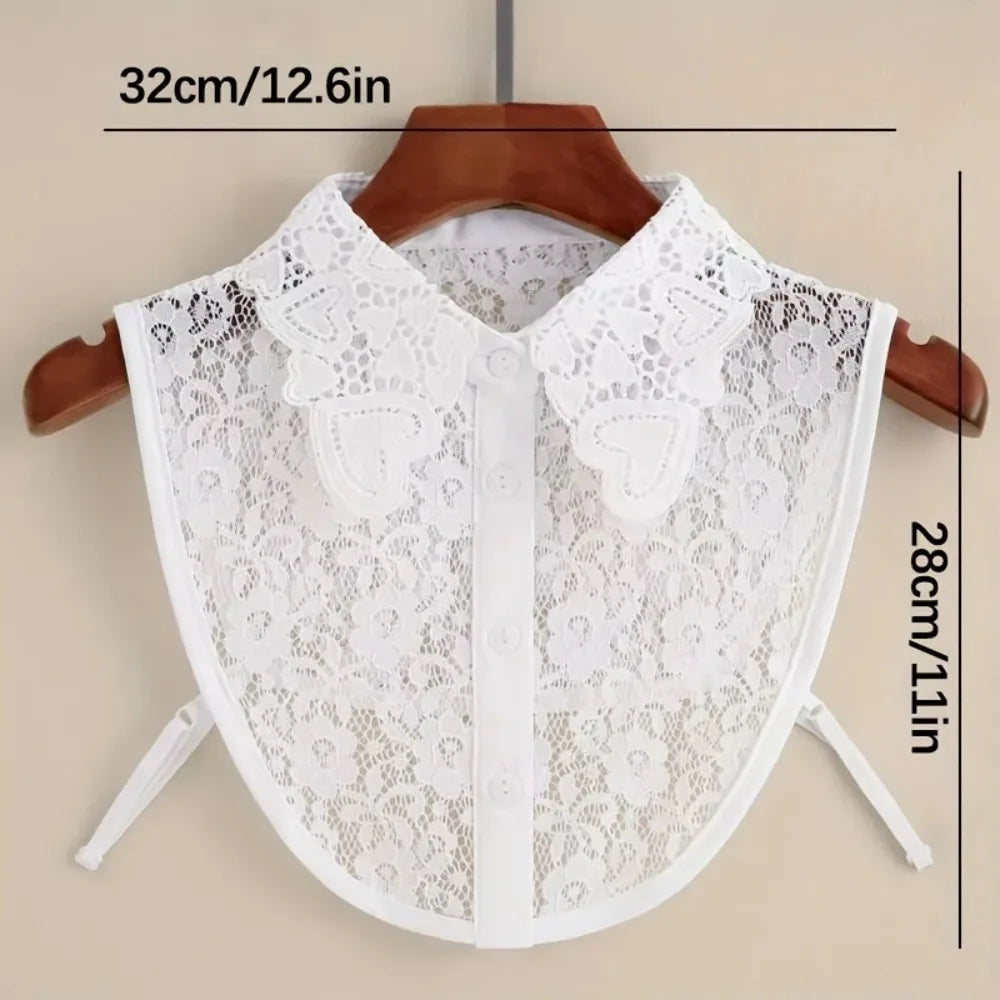 Women Detachable Lace Fake Collar Heart Embroidery Decorative Collar White Hollow Out Lapel Sweater Shirt Blouse Decor Collar Qme