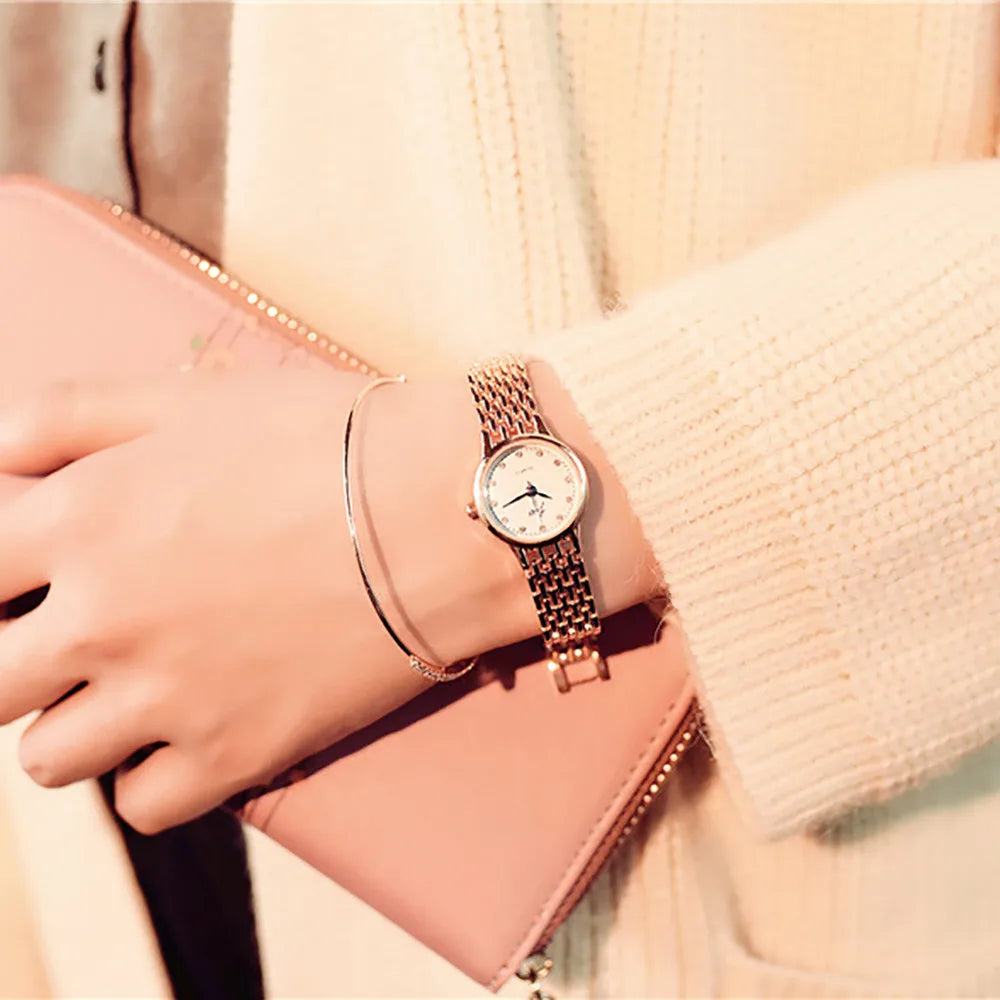 Female Exquisite And Compact Business Alloy Stainless Steel Band Quartz Watch Fashion And Casual Small Dial Delicate Wristwatch Qme Gold No