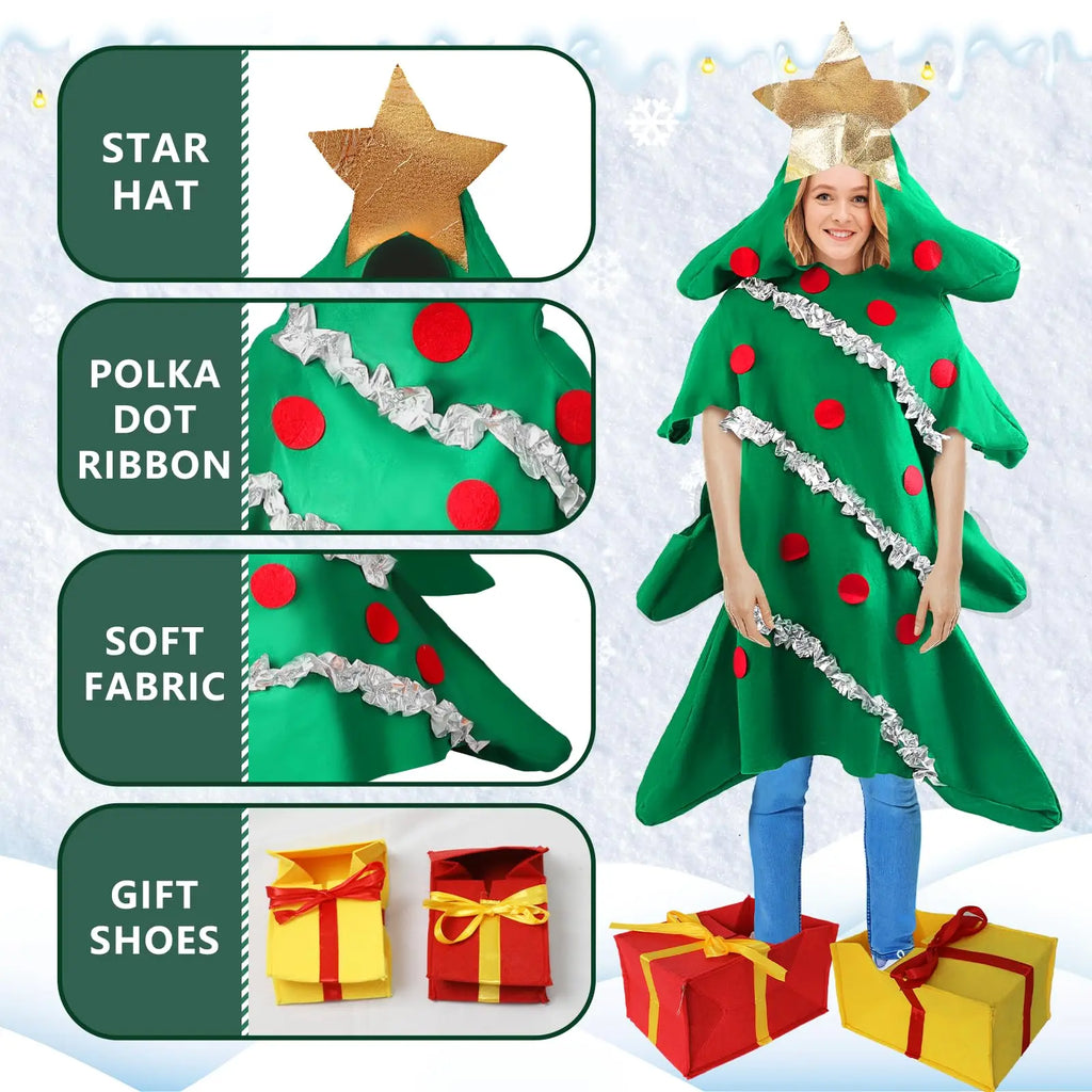 Christmas Tree Costume Adult Christmas Onesie with Gift Shoes Covers for Adult Boys Girls Costume Cosplay Party Outfit Gifts Qme