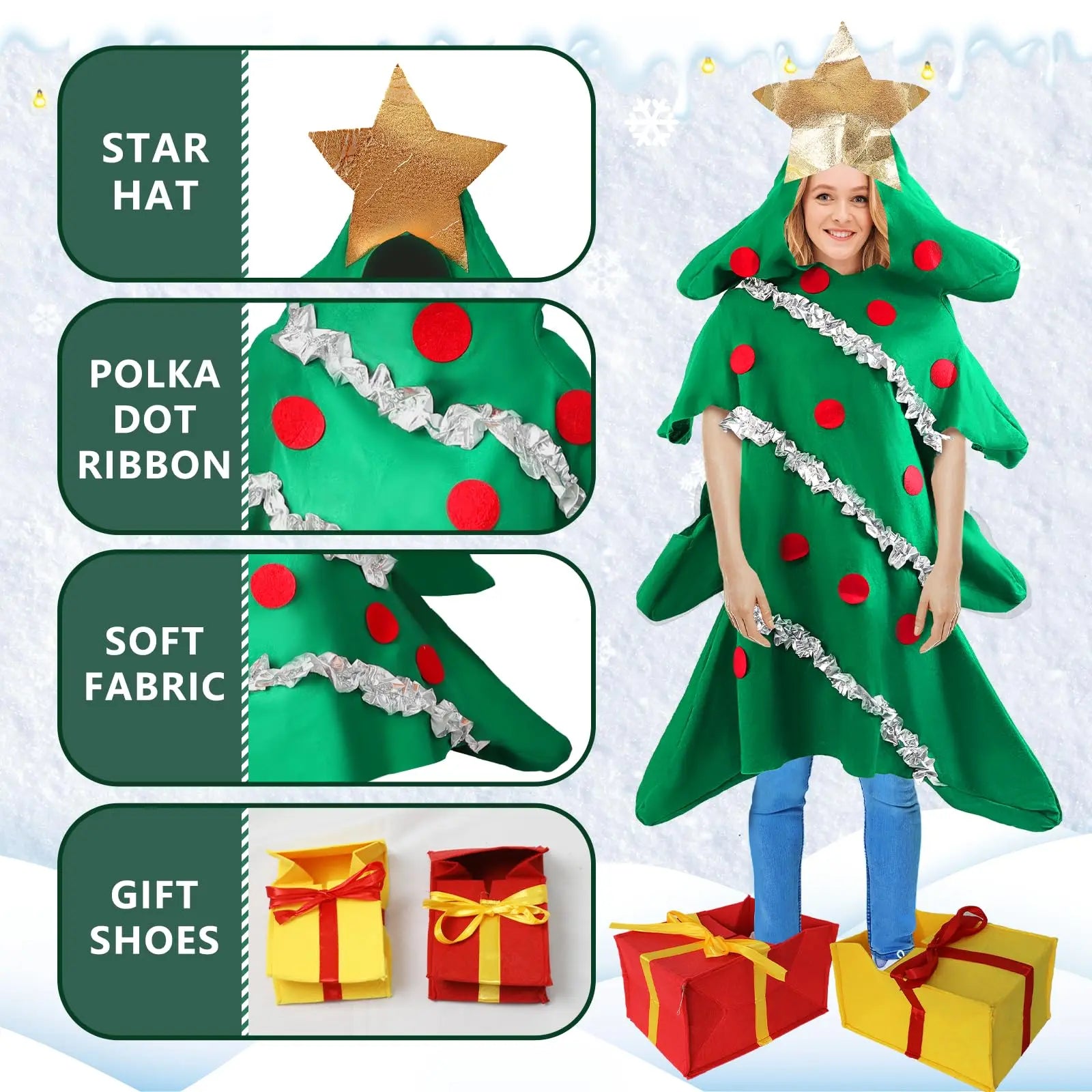 Christmas Tree Costume Adult Christmas Onesie with Gift Shoes Covers for Adult Boys Girls Costume Cosplay Party Outfit Gifts Qme