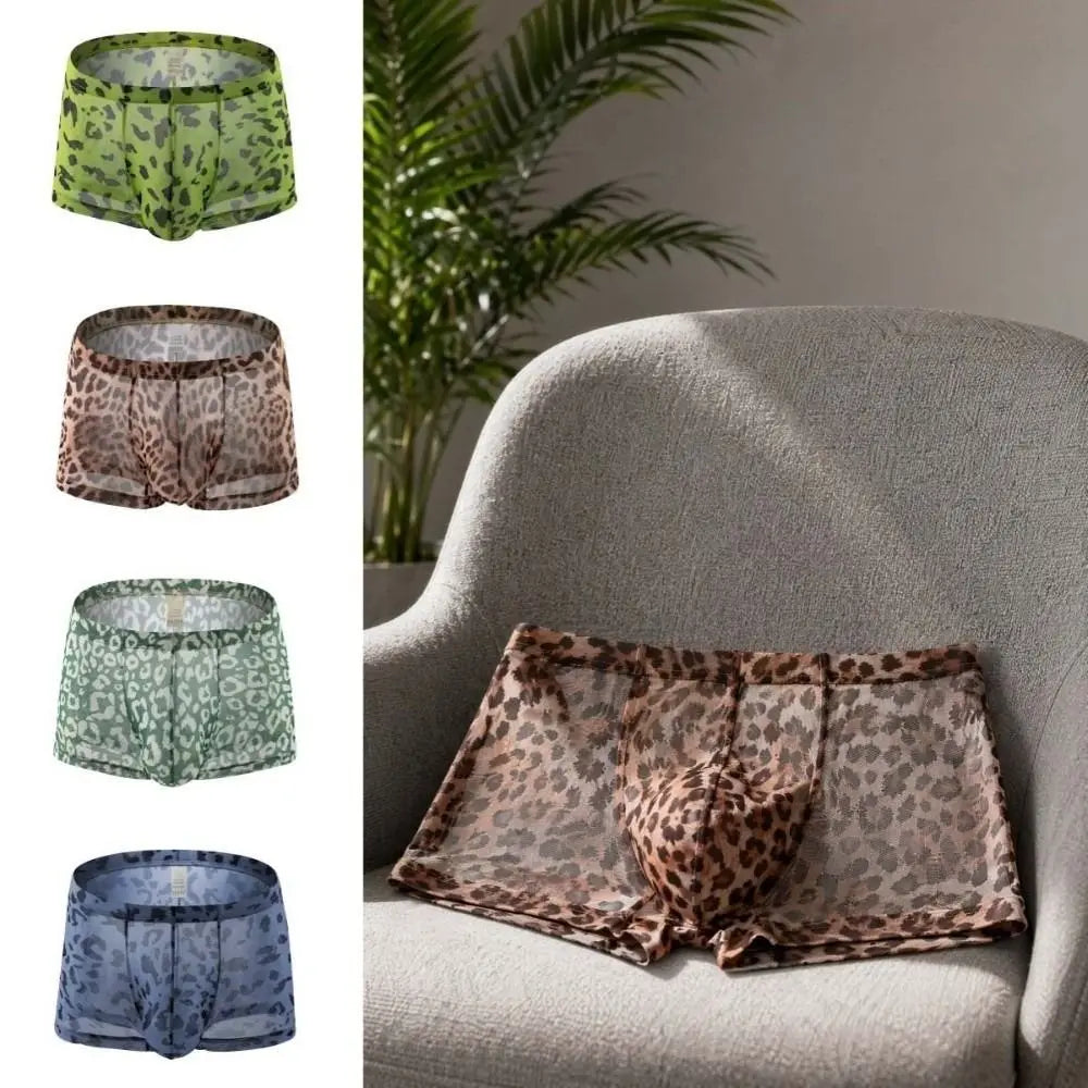 Breathable Leopard Print Men's Boxer Briefs Thin Flat Pants Mesh Qme