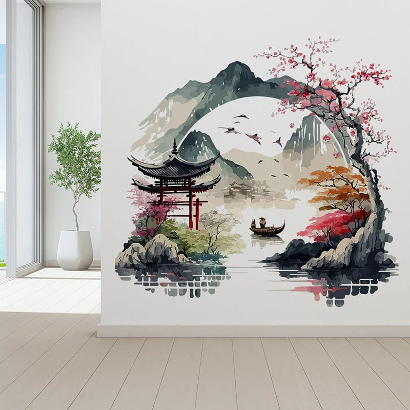 Landscape Painting Birds Mountain River Wall Sticker Background Home Qme