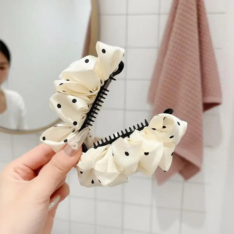 Large Polka Dot Satin Ruffled Hair Claw Clip Strong Non Slip Hold Qme