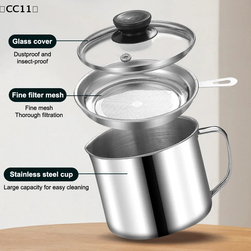 Glass Lid Bacon Grease Container Deep Fryer Keeper Handle Refill Qme