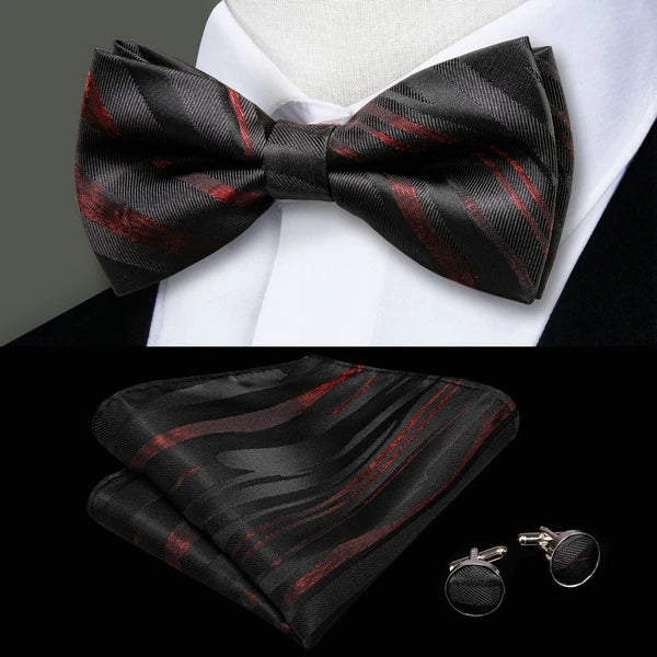 Mens Bow Tie Hanky Cufflinks Pre-tied Red White Pink Solid Floral Stripes Paisley Bowtie for Male Wedding Business Gift Qme LDLH0565