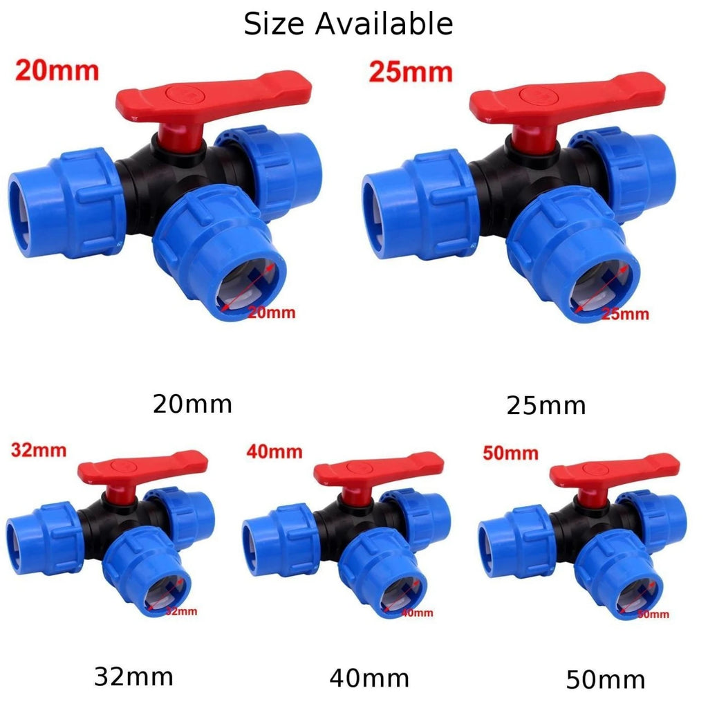 20/25/32/40/50mm PE Pipe Faucet Diverter 3-Way Ball Valve Ball Valve Garden Lawn Irrigation Water Pipe Fitting Qme