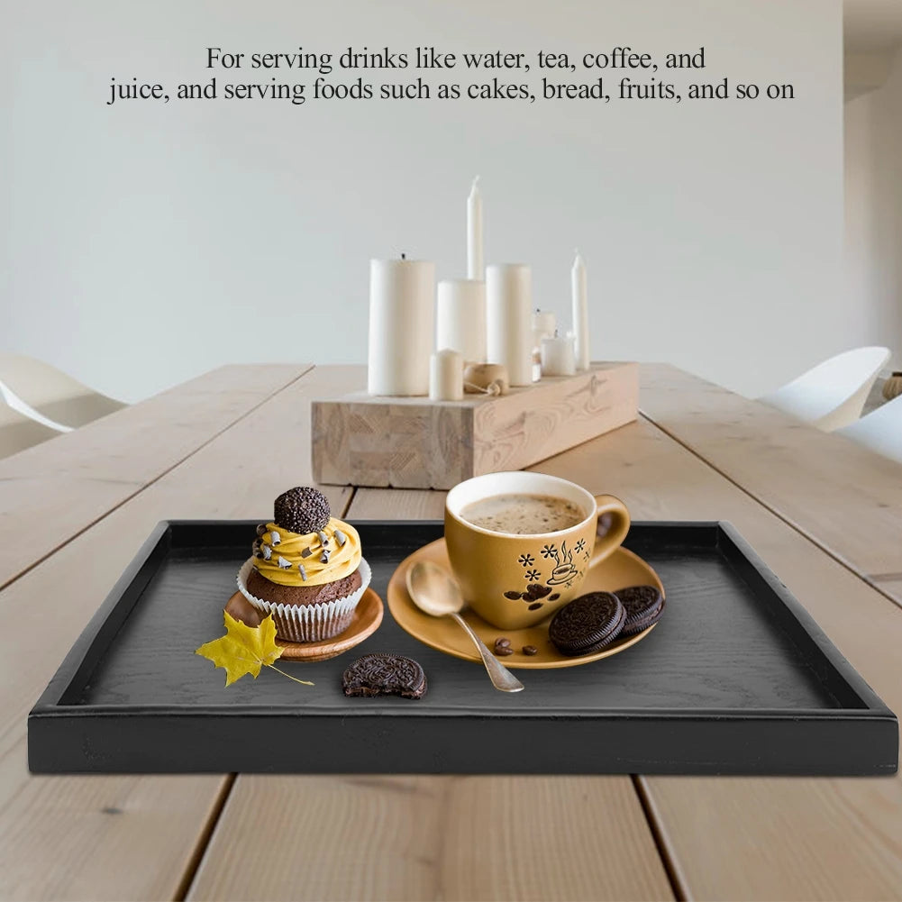 Black Wooden Serving Tray Rectangle Solid Wood Food Tea Coffee Tray for Kitchen Dining Table Decor Accessories Qme
