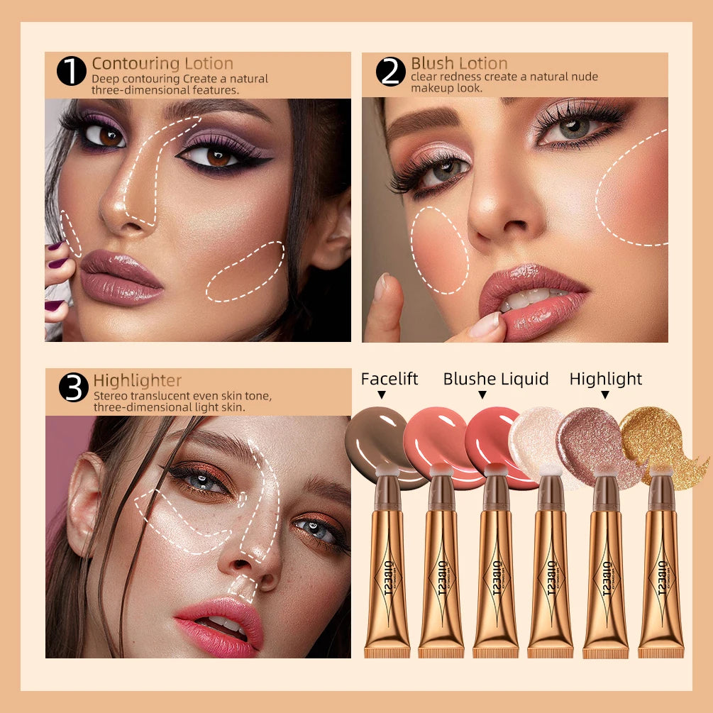 QIBEST Liquid Contour With Cushion Applicator Highlight Shimmer Natural Soft Moisturizing Cream Liquid Blush For Cheek Cosmetics Qme