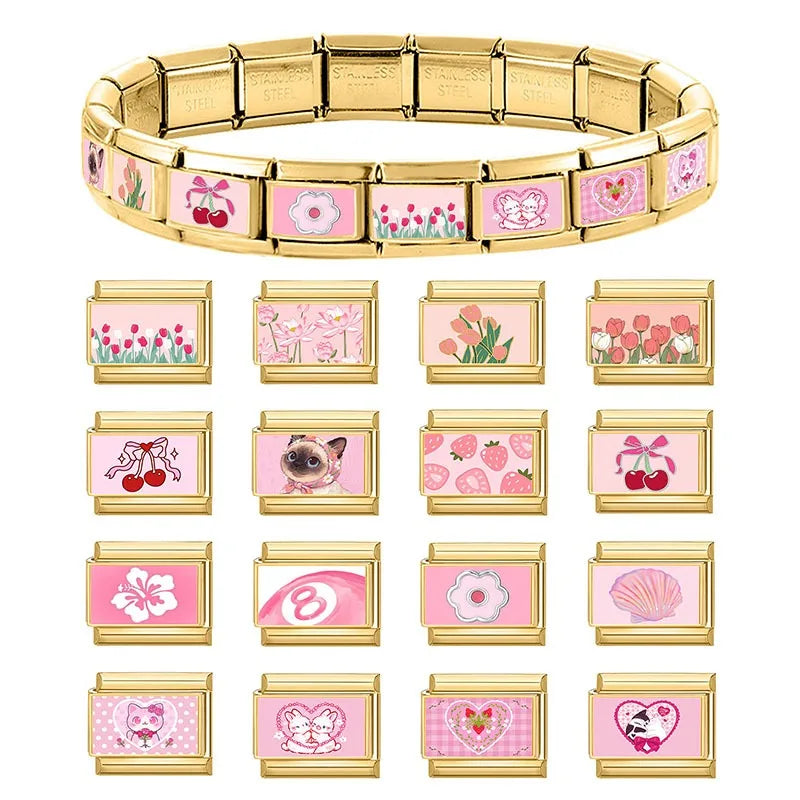 Y2K Pink Series Super Cute Cats Rabbits Tulip Lotus Cherry Golden Italian Charm Link Fit 9MM Stainless Steel Bracelet DIY Making Qme