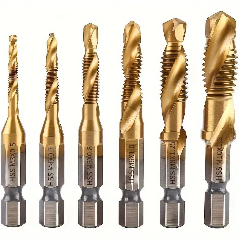 6pcs Titanium Coated HSS Drill Bit Set - Metric Thread M3-M10, Countersink & Screw Tapping Bits for Precision Hole Machining Qme