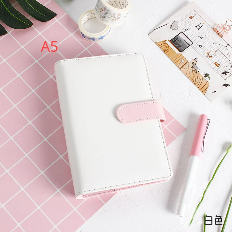 New Vintage Refillable Notebook File Folder Notepad Cover Leather Ring Binder Office Supplies Qme A5 white