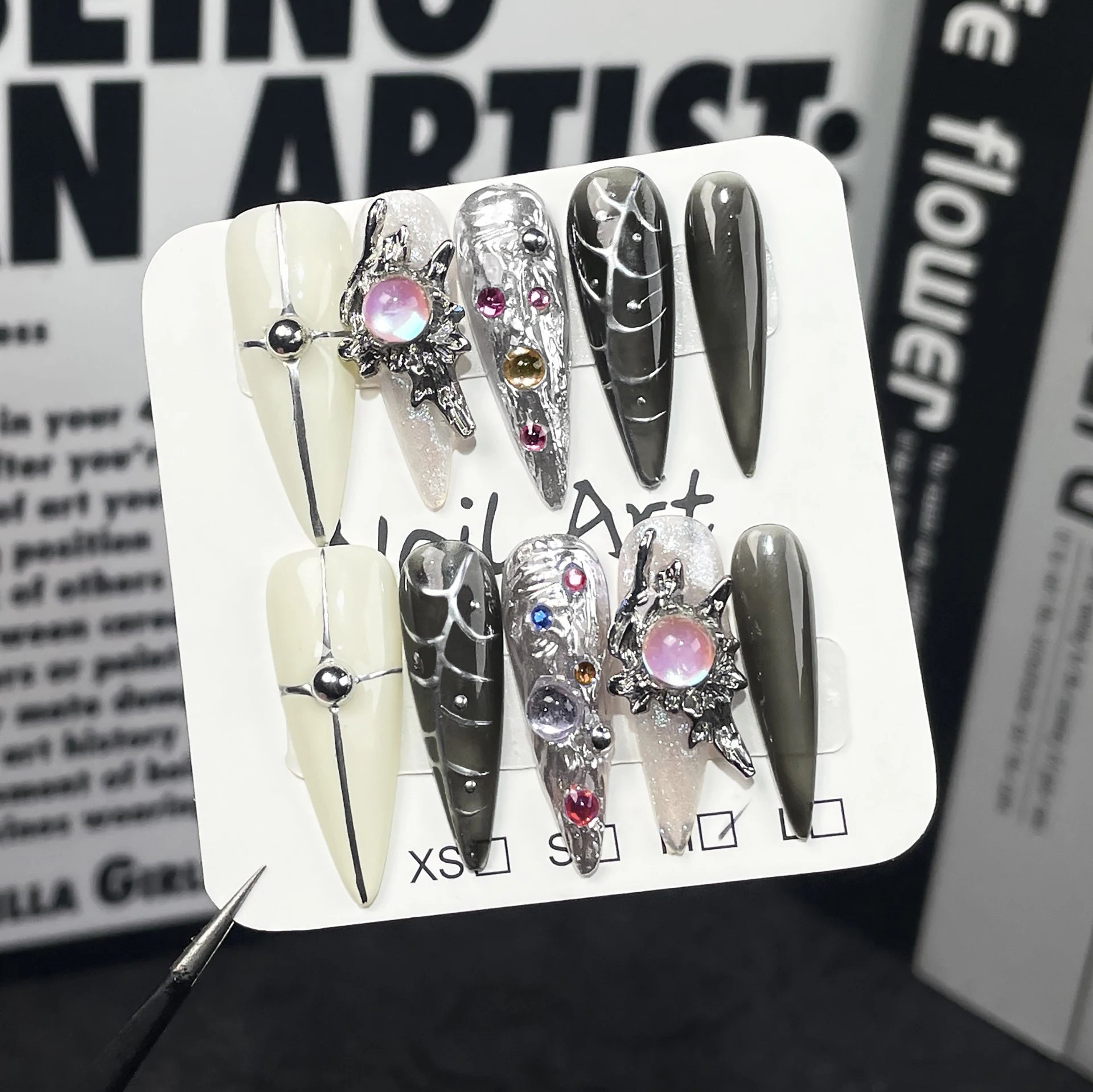 Y2K Cool Spice Girls Black Pink Long Tip Handmade Press Nails Cross Qme ZB30-M