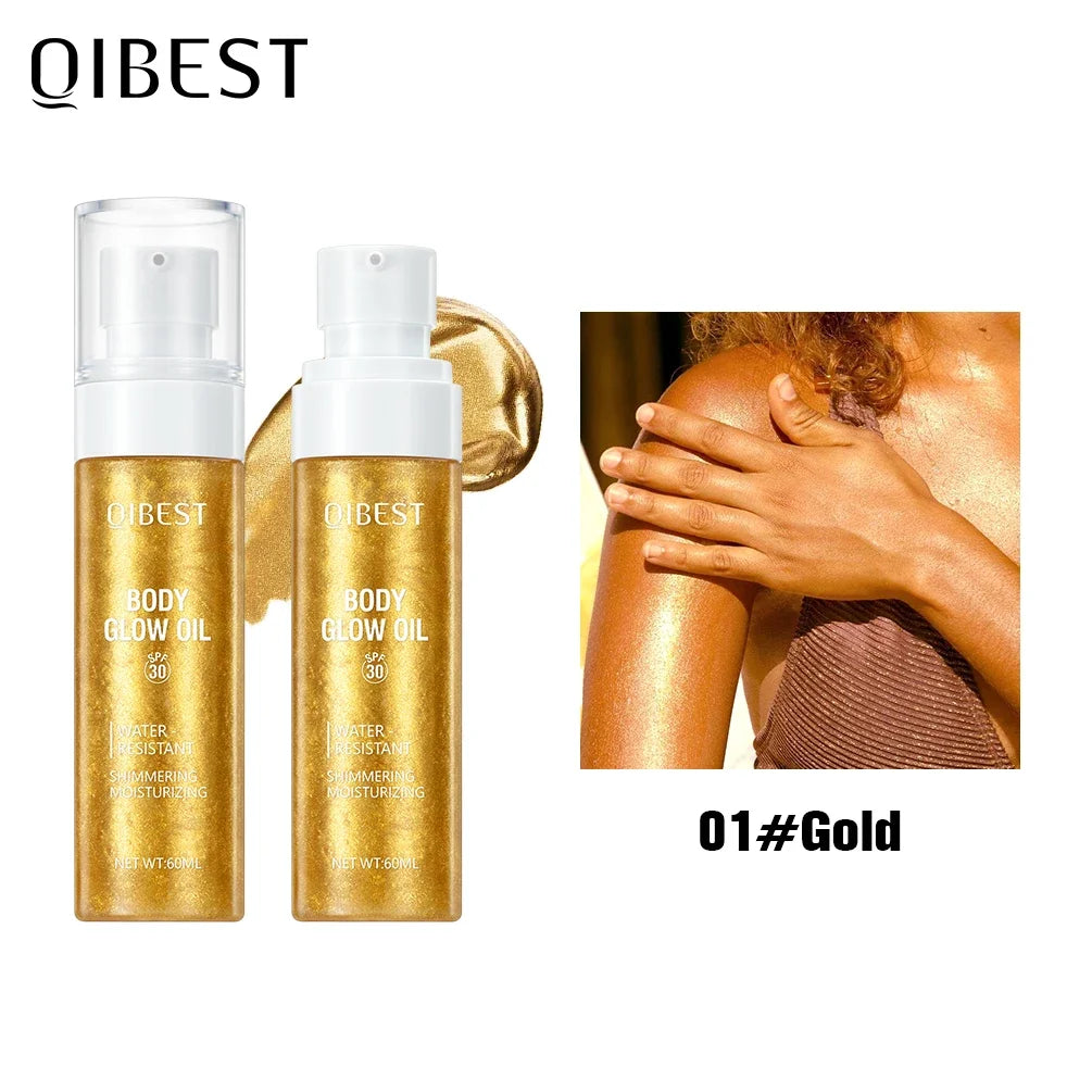 QIBEST Liquid Highlighter Gold Shimmer Oil Waterproof Smooth Diamond Face Body Glow Illuminator Body Highlight Lasting Cosmetics Qme 01 Gold