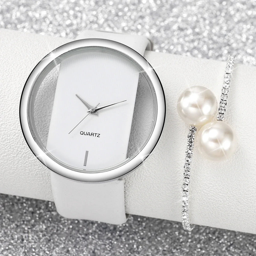 2PCS/Set Women's Watch Pearl Diamond Bracelet Set Fashion Hollow Dial Leather Band Quartz Watches Qme Silver No