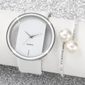 2PCS/Set Women's Watch Pearl Diamond Bracelet Set Fashion Hollow Dial Leather Band Quartz Watches Qme Silver No