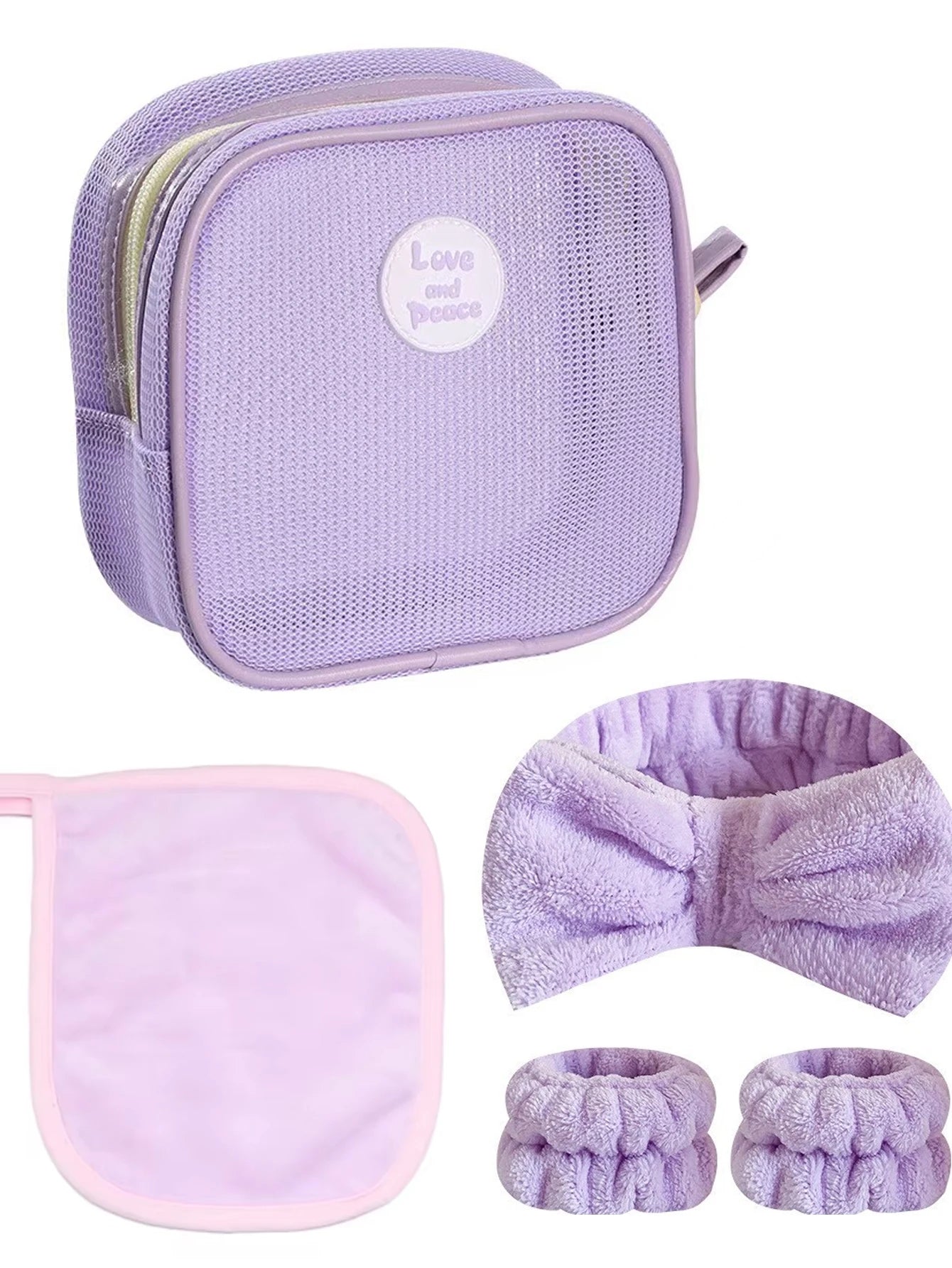 1 Face Wash Headband 2 Wristbands Makeup Removal Towel Cosmetic Bag Qme purple
