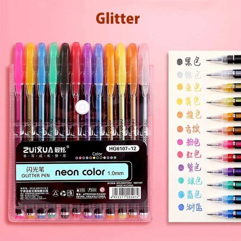 12-60Pcs Metallic Glitter Colors Gel Pens & Pen Refills For School Office Adult Coloring Book Journals Drawing Art Markers Qme 12pcs Glitter Pen