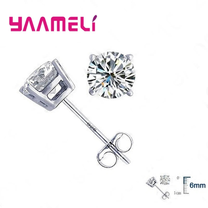 Classic CZ Crystal Stud Earrings 925 Sterling Silver Color for Women Men Unisex Gift AAA Cubic Zircon Wedding Party Jewelry Qme White