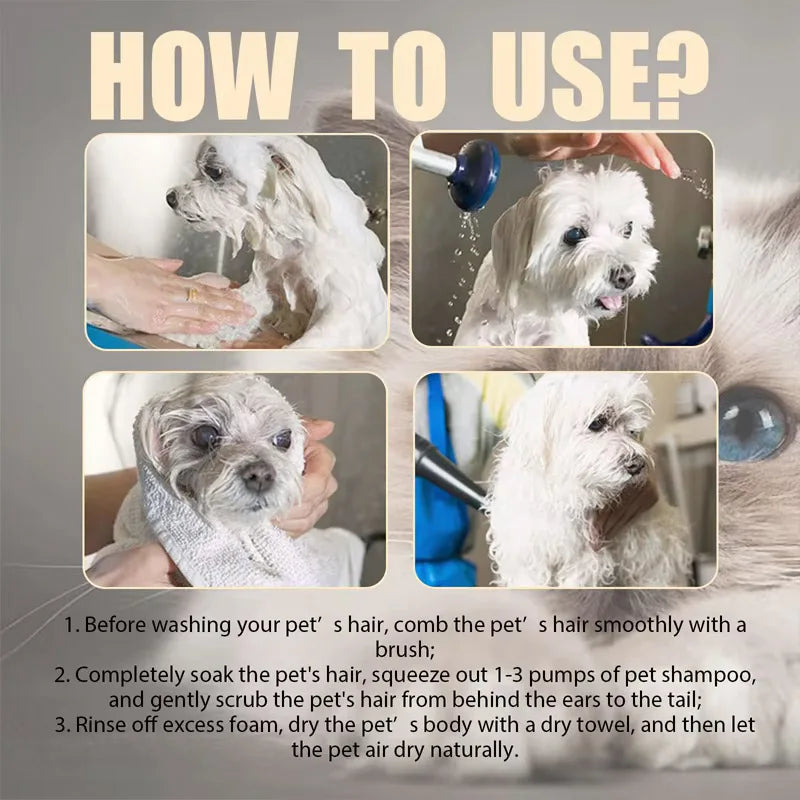 Pet shampoo is gentle and clean. Pet cat and dog hair is soft and non knotting. Shampoo shampoo Qme
