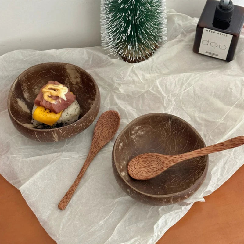 1Pc Natural Coconut Bowl Wooden Handmade Coconut Bowls for Eating Tableware Fork Spoon for Dessert Fruit Salad Mixing Rice. Qme
