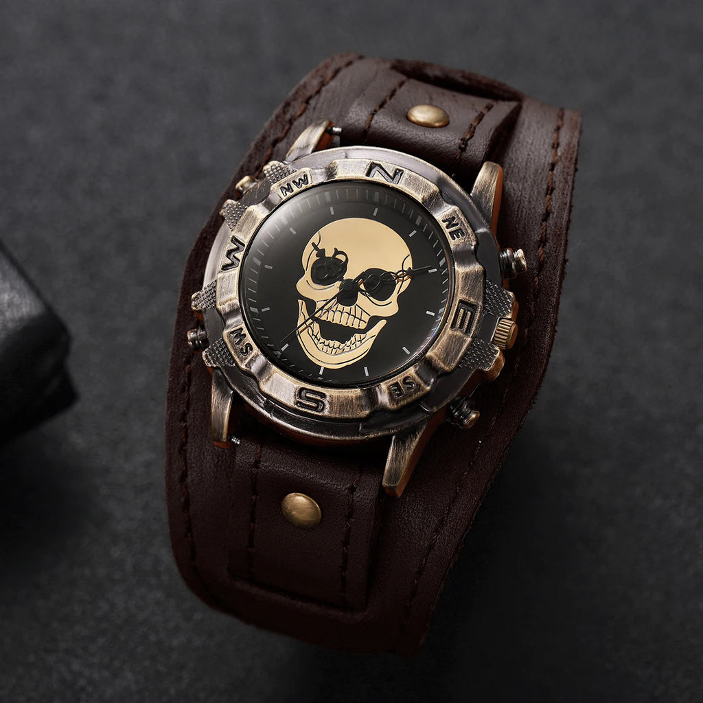 Vintage Skull Men Watch Wide Brown Leather Strap Compass Bezel Punk Style Large Dial Quartz Wrist Watch for Male Qme