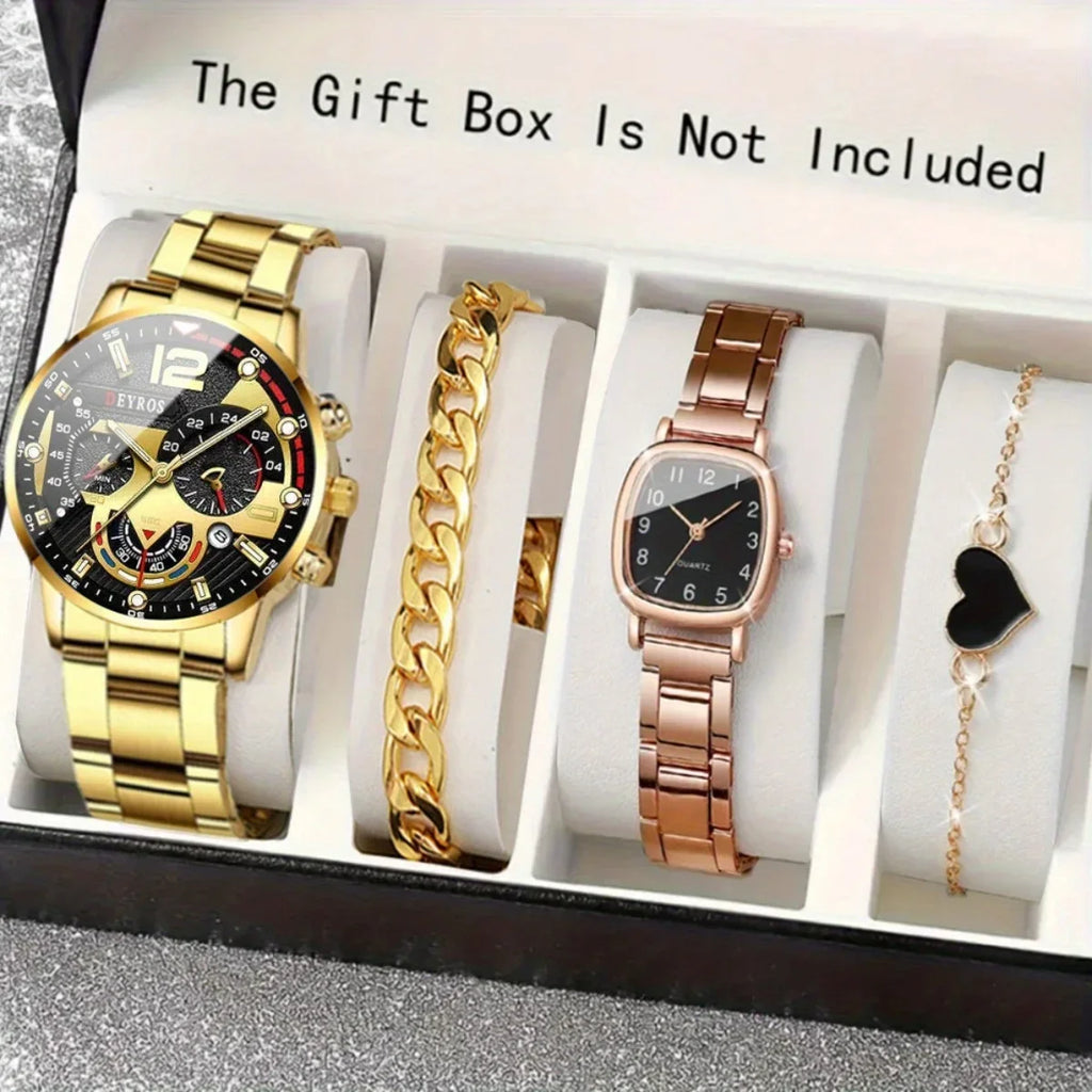 2026 4pcs/set Couple Watches ，Quartz Watch Date Display Men's Wrist Watch， Alloy Strap Round Square Dial Watches for Men Qme