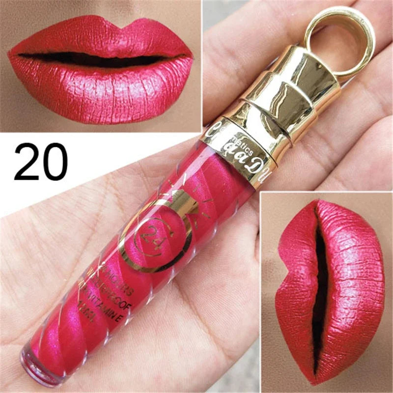 20 Colors Lipstick Waterproof Long Lasting Matte+Shimmer Mental Beauty Lip Gloss Nude Glitter Lip Gloss Beauty Red Lip Tint New Qme 20