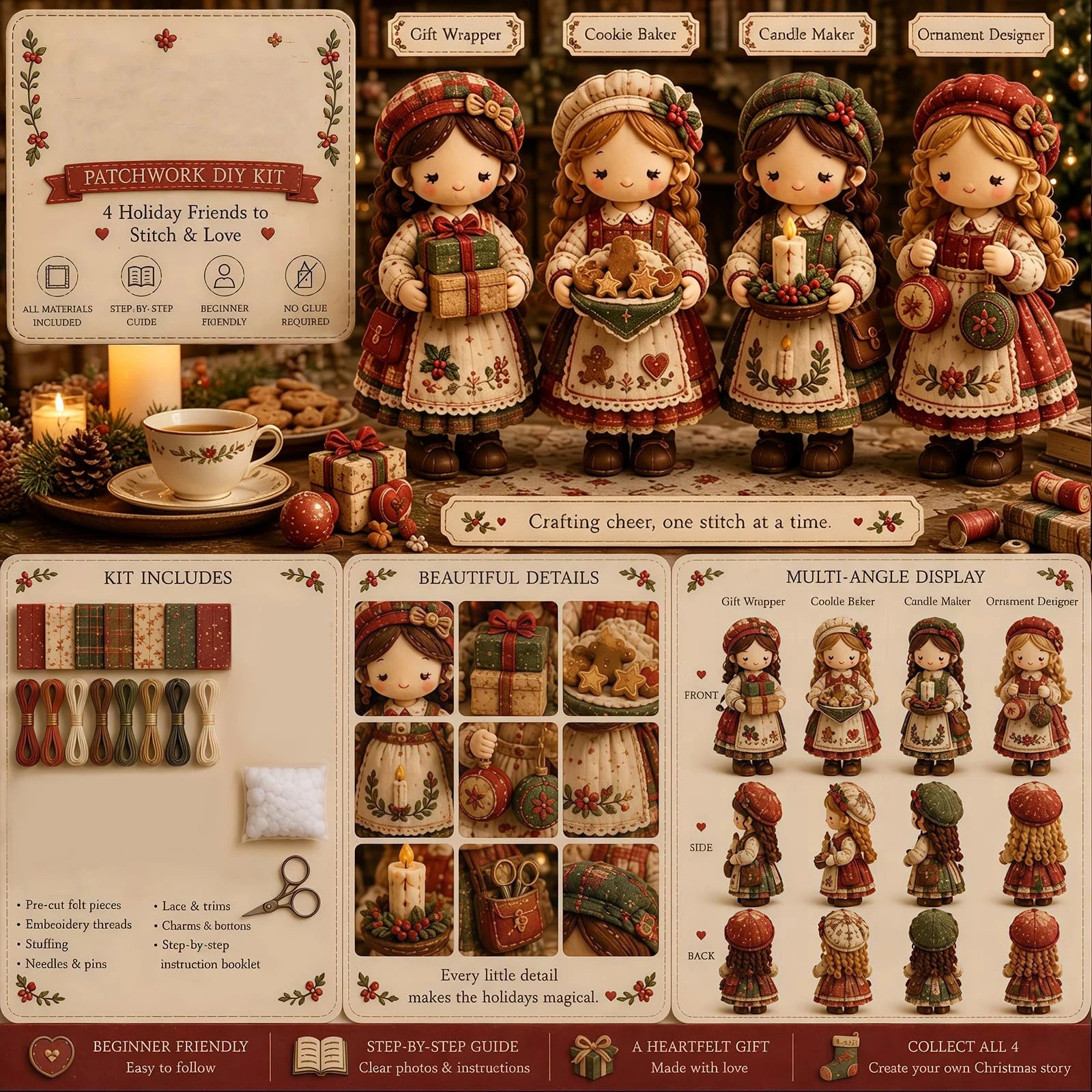 New Beautiful Girls Patchwork DIY Kit Handmade Felt Doll Sewing Craft for Beginner Includes All Materials Unique Gift Qme B One Size
