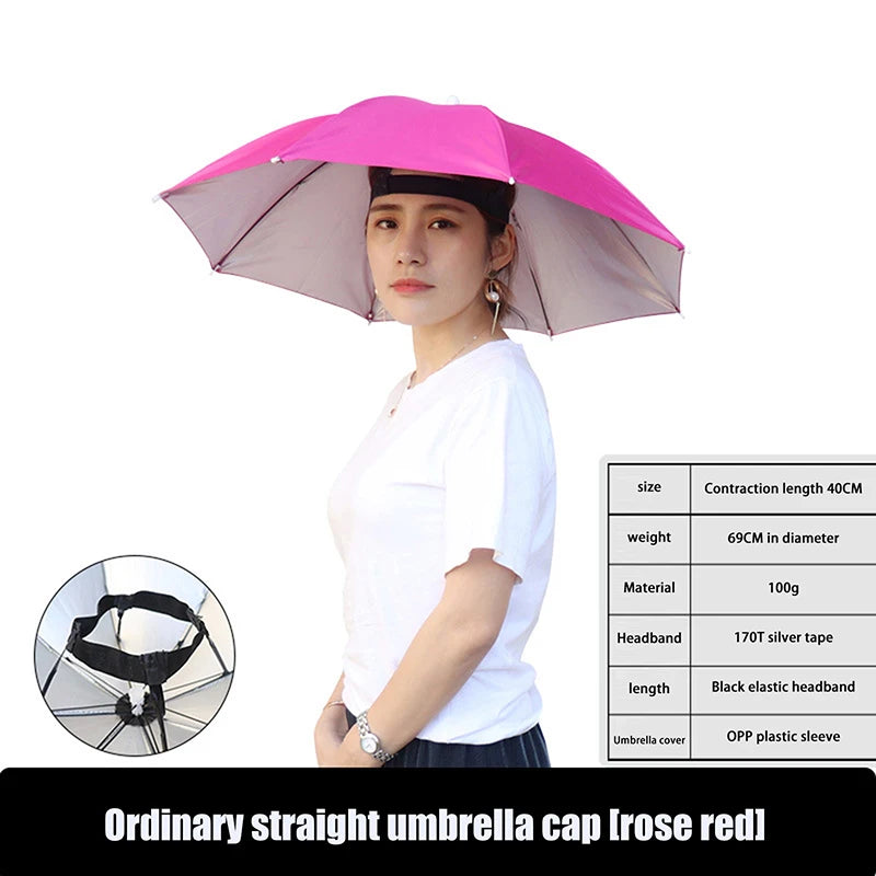 Anti-rain Headwear Brolly Cap Head Umbrella Elastic Band Waterproof Qme 69CM Rose
