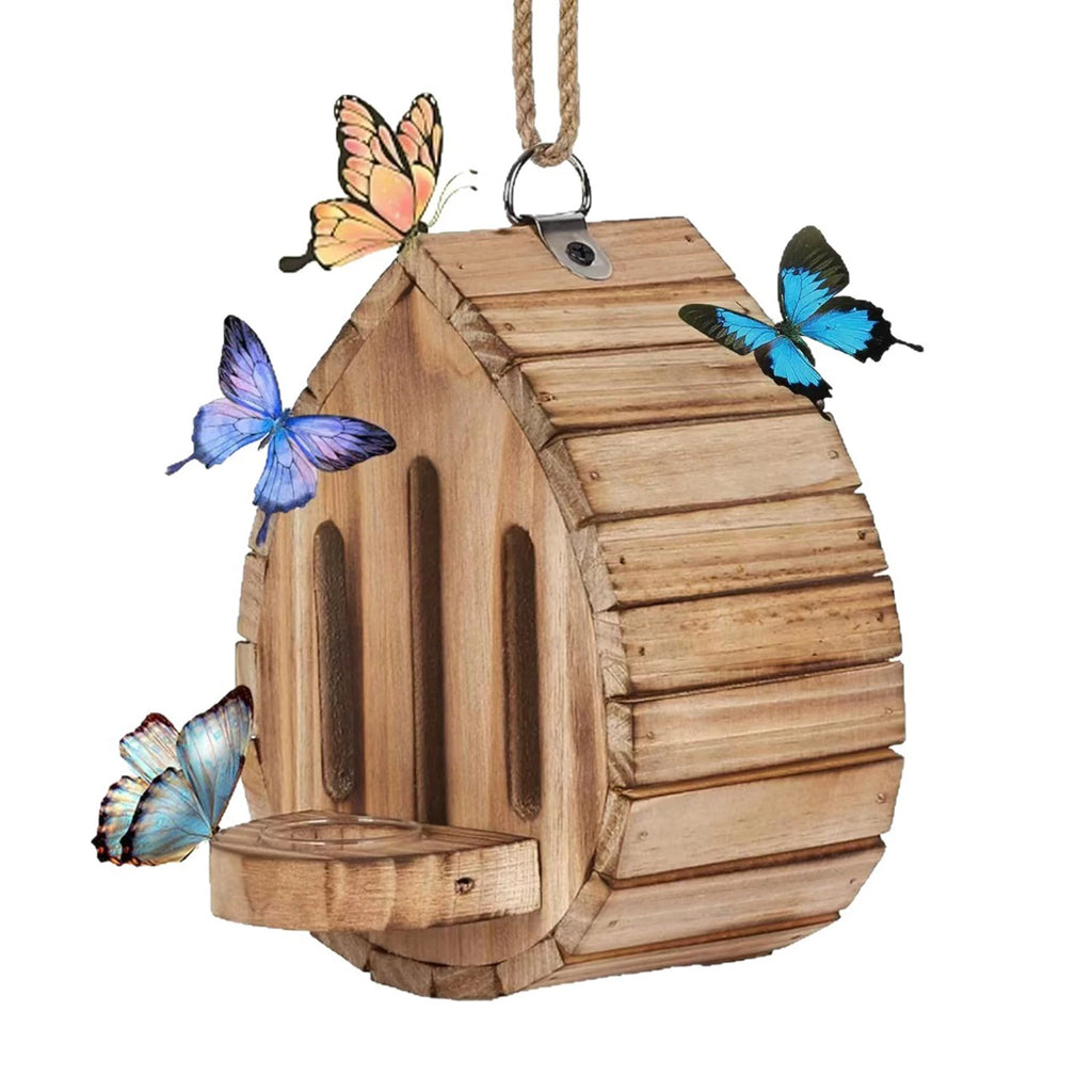 Wood Butterflies Houses with Rope Wooden Butterfly Habitat & Feeder 2In1 Hangable Decorative Nesting Box for Moths Bee Insect Qme