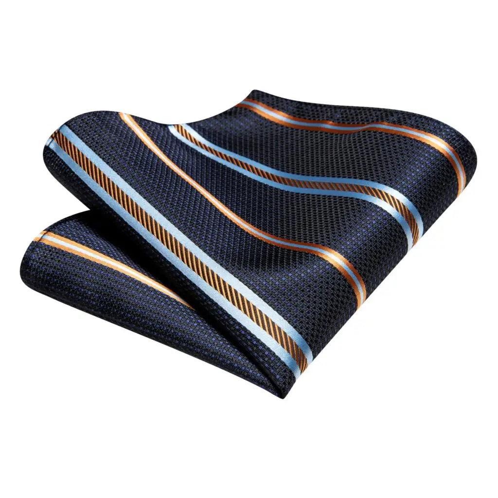 Hi-tie Men Fashion Striped Navy Blue Necktie Handkerchief Cufflinks Qme