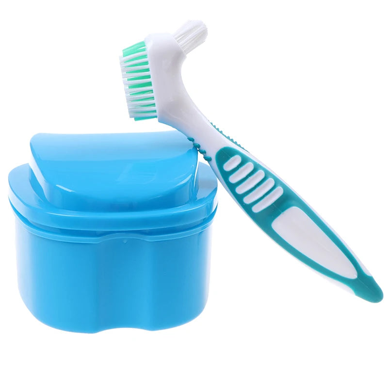Denture Bath Storage Box Dental False Teeth Organizer Hanging Net Qme Blue