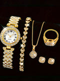 6-piece exquisite and versatile women's watch set, fashionable quartz watch, casual steel strip watch, women's watch set Qme Gold No