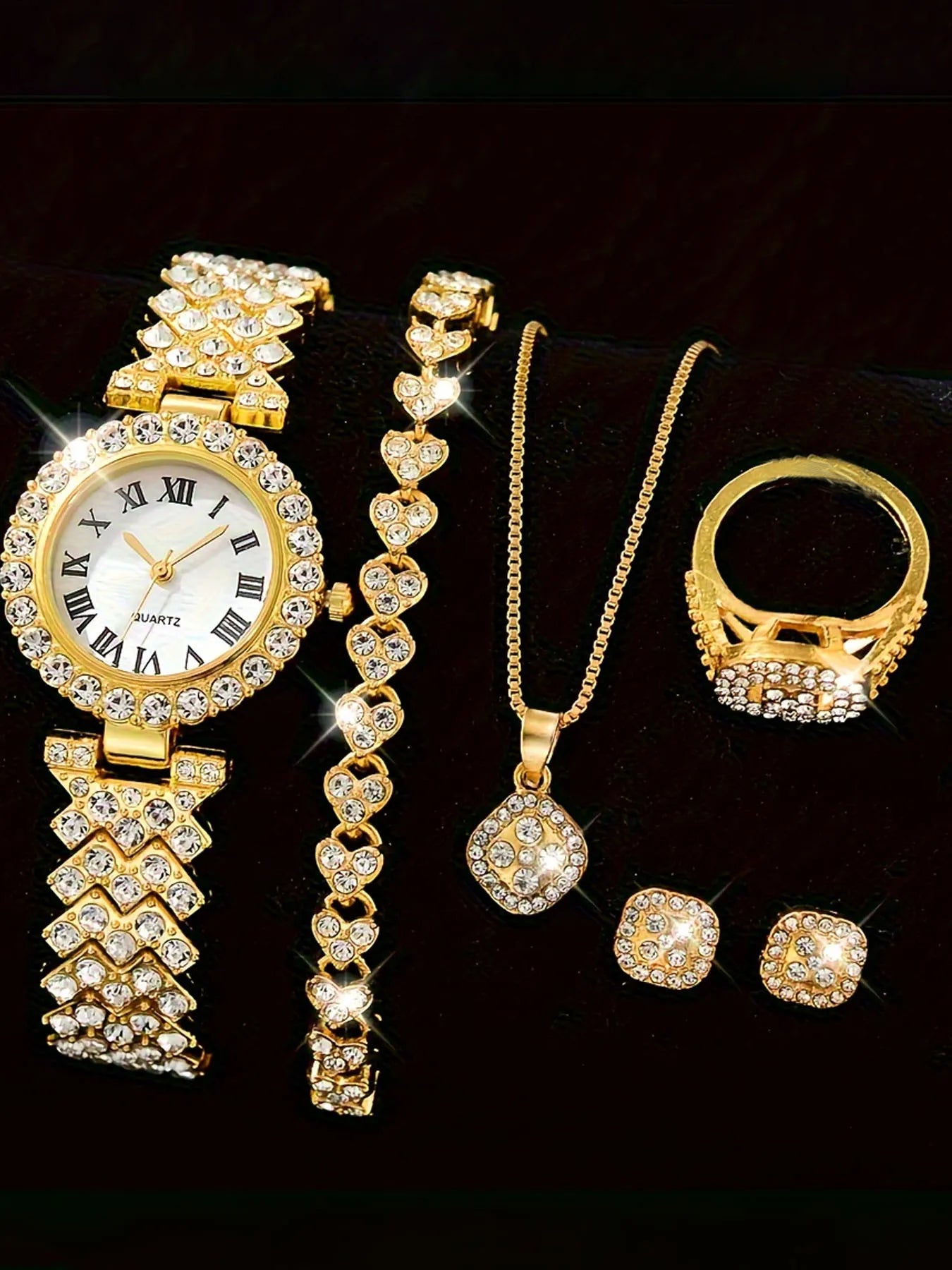 6-piece exquisite and versatile women's watch set, fashionable quartz watch, casual steel strip watch, women's watch set Qme Gold No