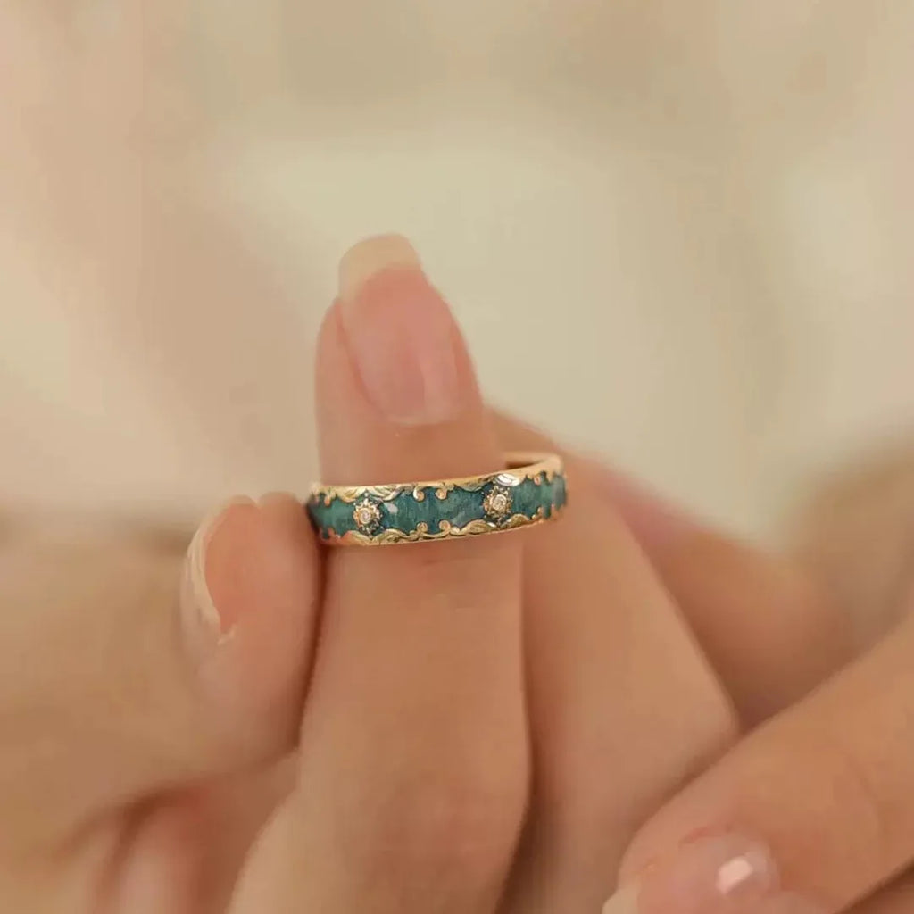 Niche New Fashion Retro Enamel Patterned Open Ring Exquisite Fairy Temperament Jewelry Beautiful Design Couple's Day Trend Gift Qme