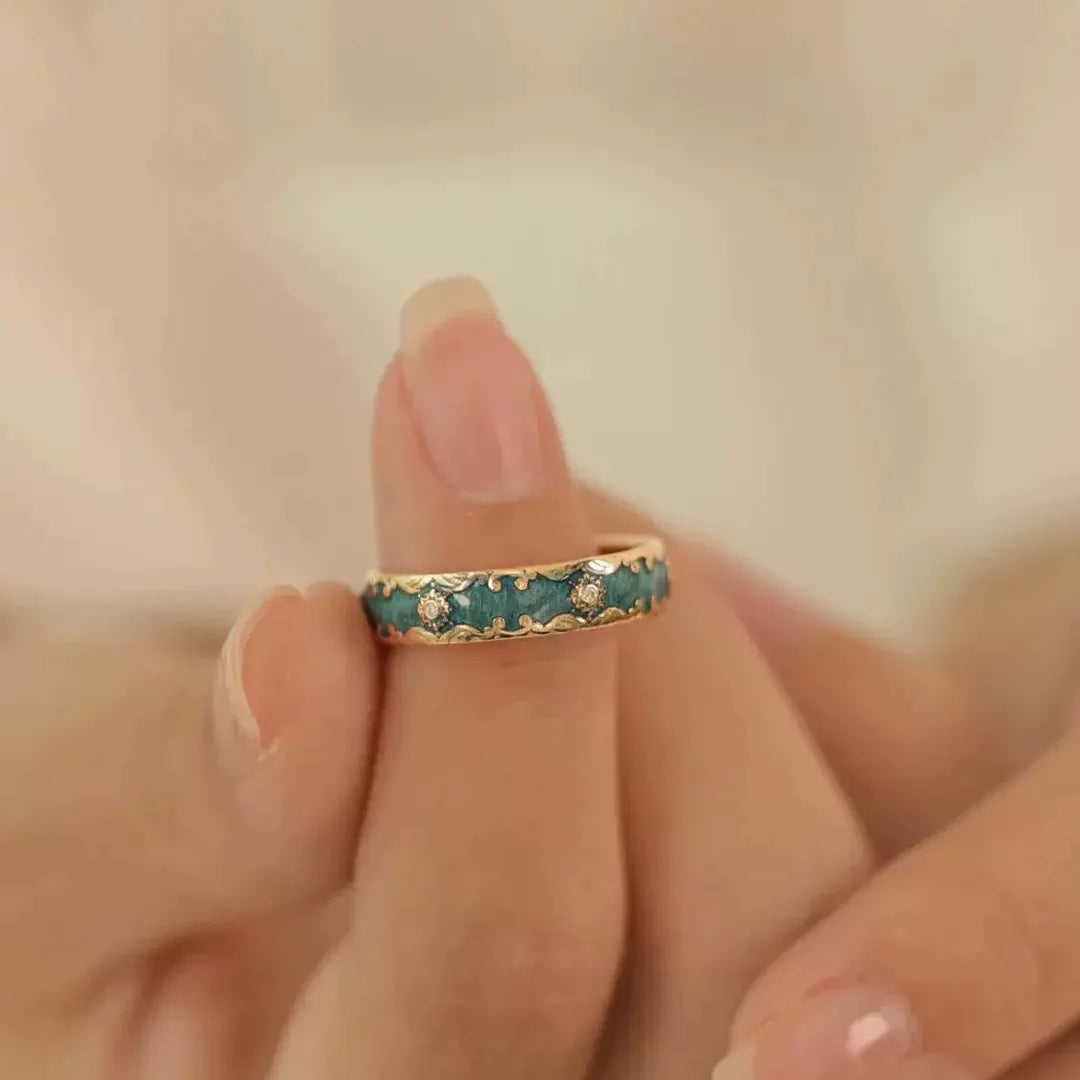Niche New Fashion Retro Enamel Patterned Open Ring Exquisite Fairy Temperament Jewelry Beautiful Design Couple's Day Trend Gift Qme