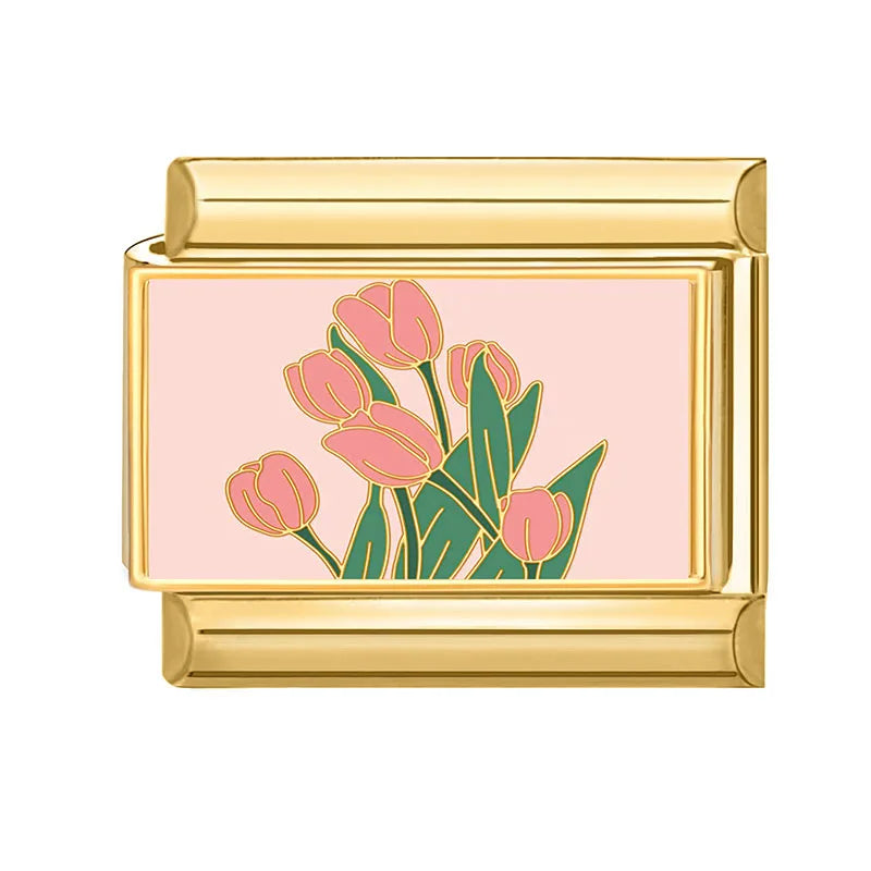 Y2K Pink Series Super Cute Cats Rabbits Tulip Lotus Cherry Golden Italian Charm Link Fit 9MM Stainless Steel Bracelet DIY Making Qme Style 10